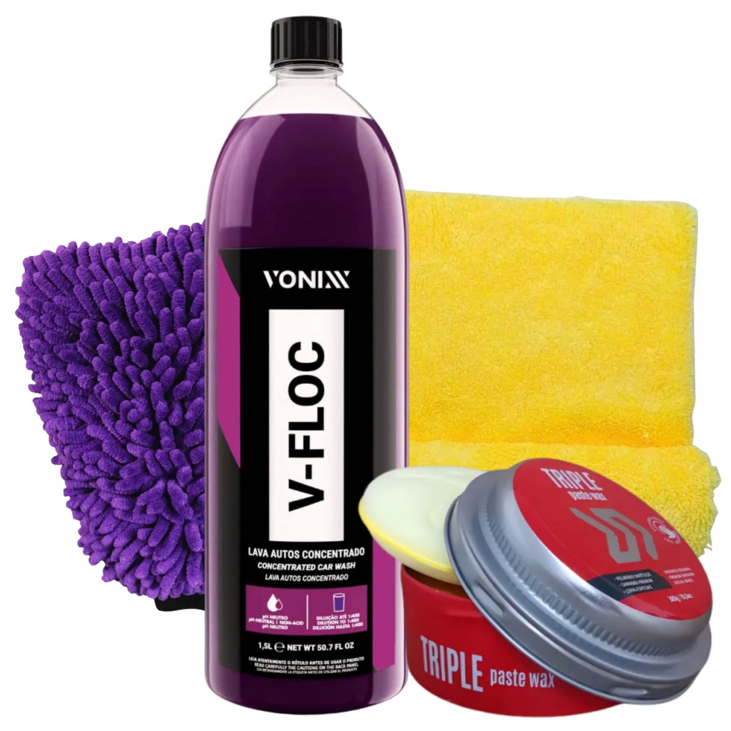 Kit V-floc 1,5l + Cera Triple Wax 300g + Flanela + Luva zacs
