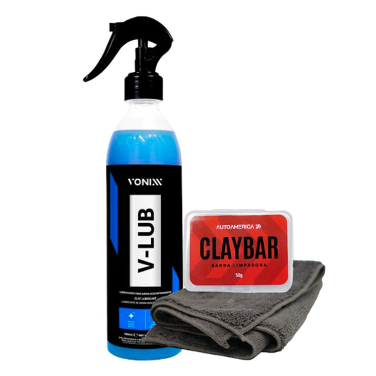Massa Claybar 50g Autoamerica + V-lub Lubrificante 500ml Vonixx + Flanela 40x40 Kers