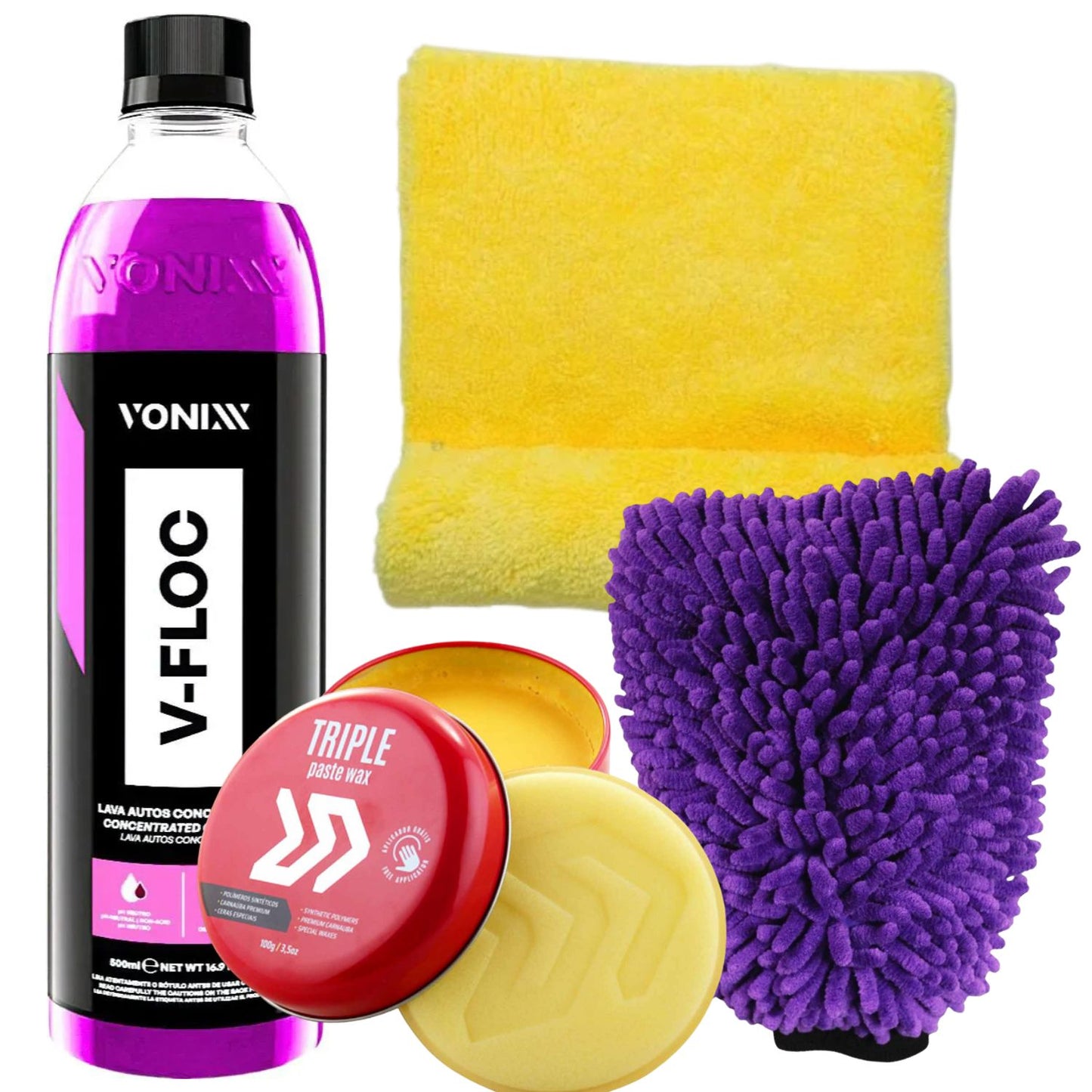 Kit Para Lavar Carros e Motos V-floc 500ml Vonixx - Cera Triple  Wax- Flanela e Luva