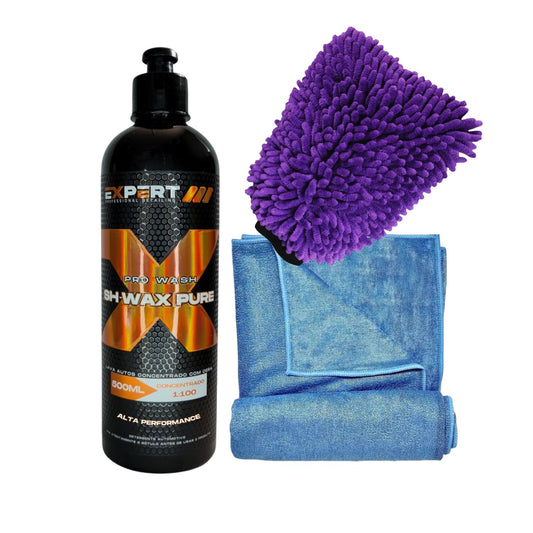Lava Autos com Cera Sh-Wax Pure 500ml Expert + Luva Microfibra + Pano Secagem 48x88cm