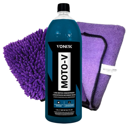 Moto-V Vonixx Shampoo 1.5l + Purple Autoamerica Flannel + Microfiber Glove