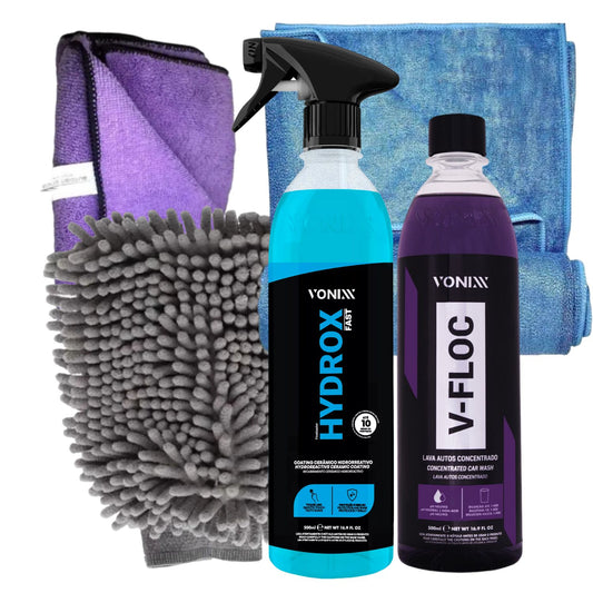 V-floc 500ml + Hydrox Fast + Flanela Low Autoamerica + Luva e Flanela de secagem Detailer