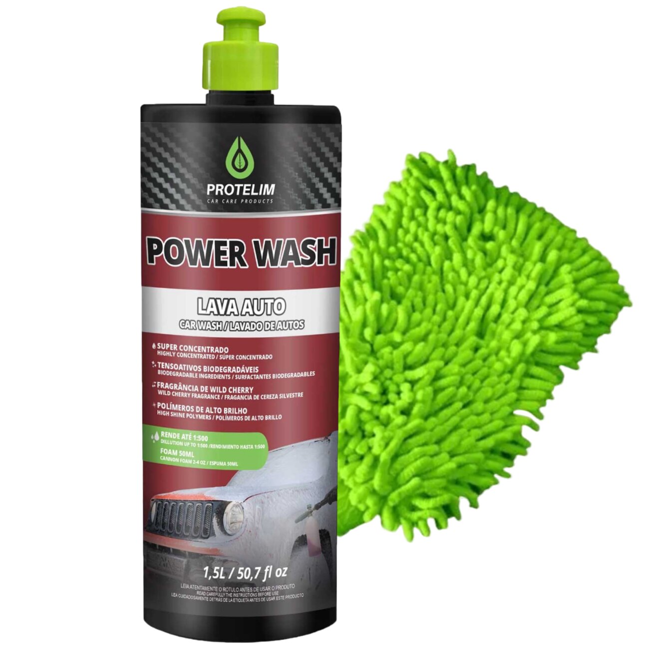Shampoo Automotivo Concentrado Power Wash 1,5L Protelim + Luva de Microfibra