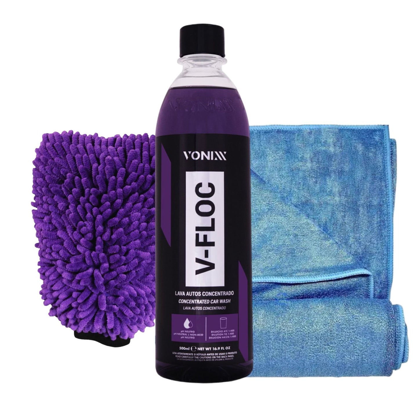 Shampoo V-floc Vonixx 500ml + Toalha Secagem Luva Microfibra
