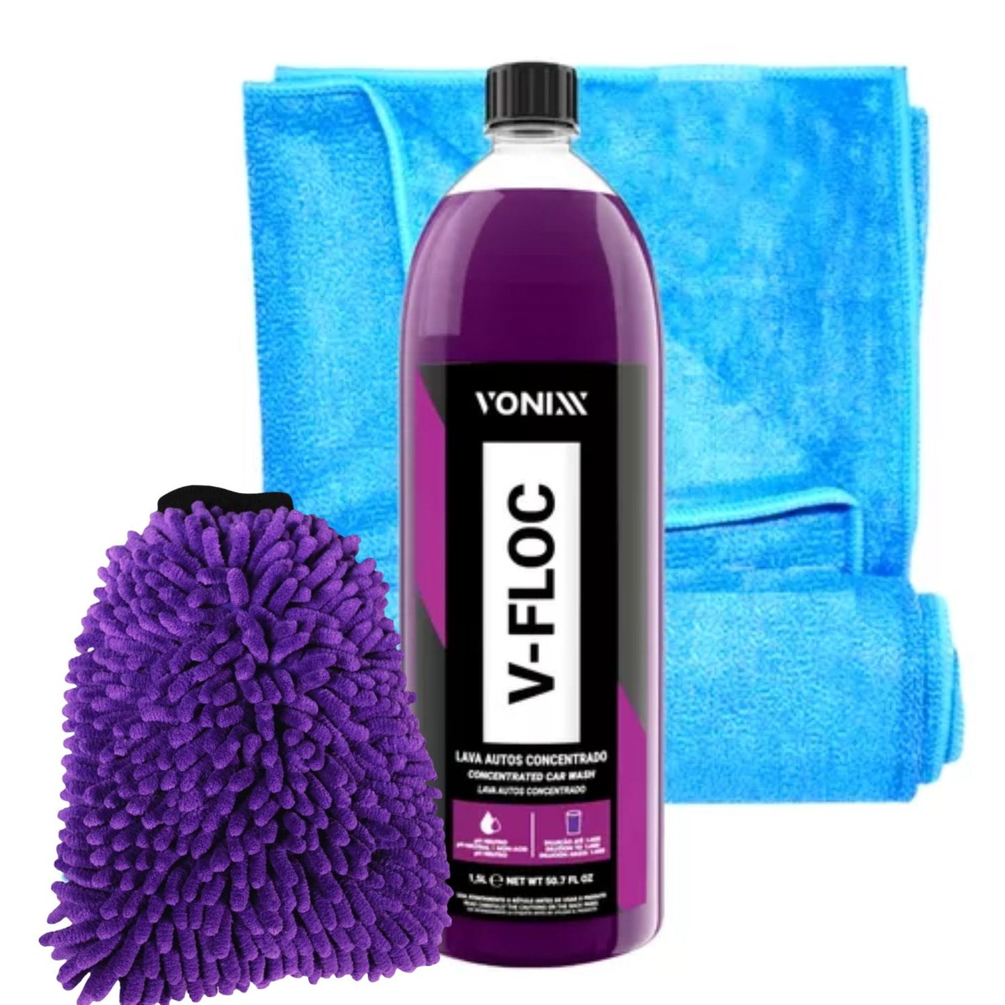 Shampoo V-floc Vonixx 1,5l + Toalha Secagem Luva Microfibra