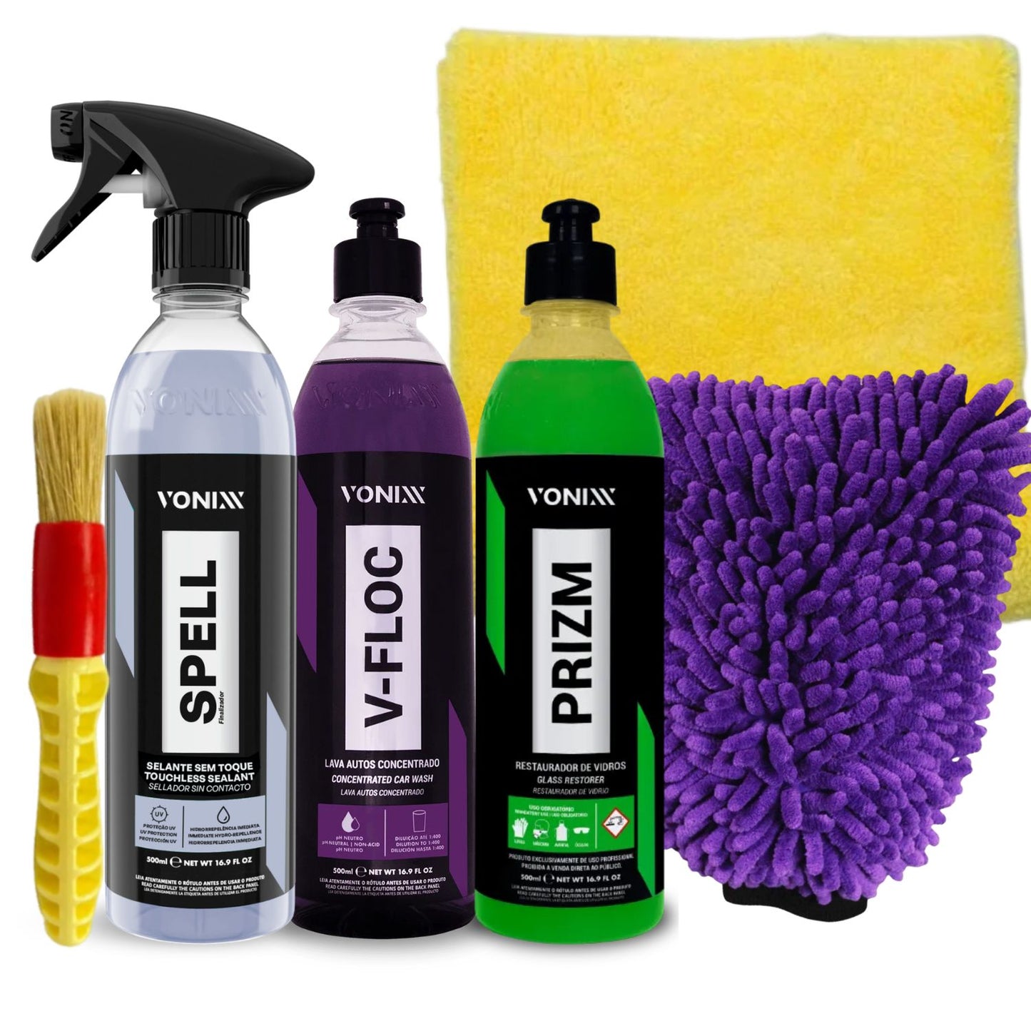 V-floc 500ml e Spell 500ml Vonixx + luva Zacs + Pano Detailer 37x57 + Prizm e Pincel N6