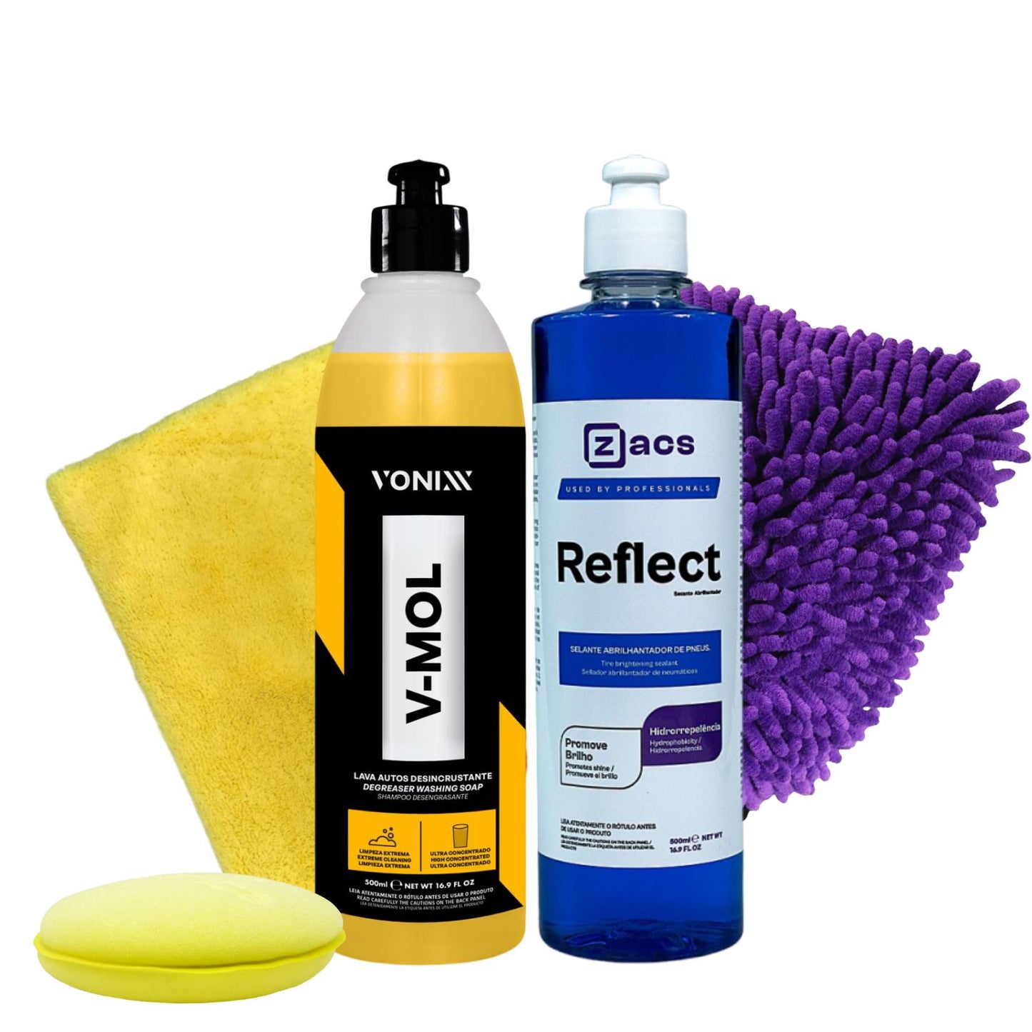 V-Mol 500ml Vonixx + Reflect 500ml Zacs + Luva de Microfibra Zacs + Flanela Autoamerica Premium + Espuma Aplicadora