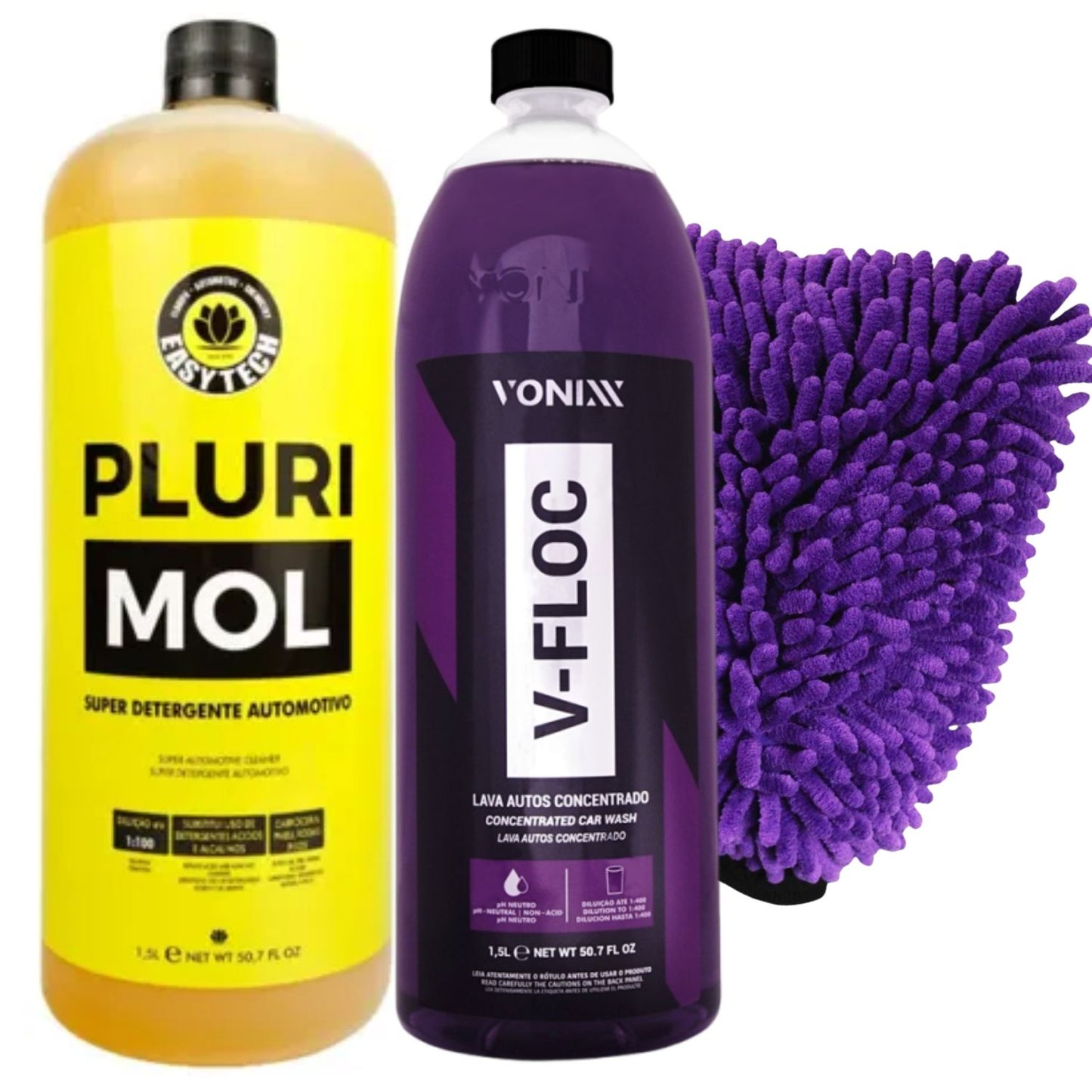 Shampoo Automotivo V-Floc 1,5L - Pluri Mol 1,5l Easytech e Luva de Microfibra Zacs