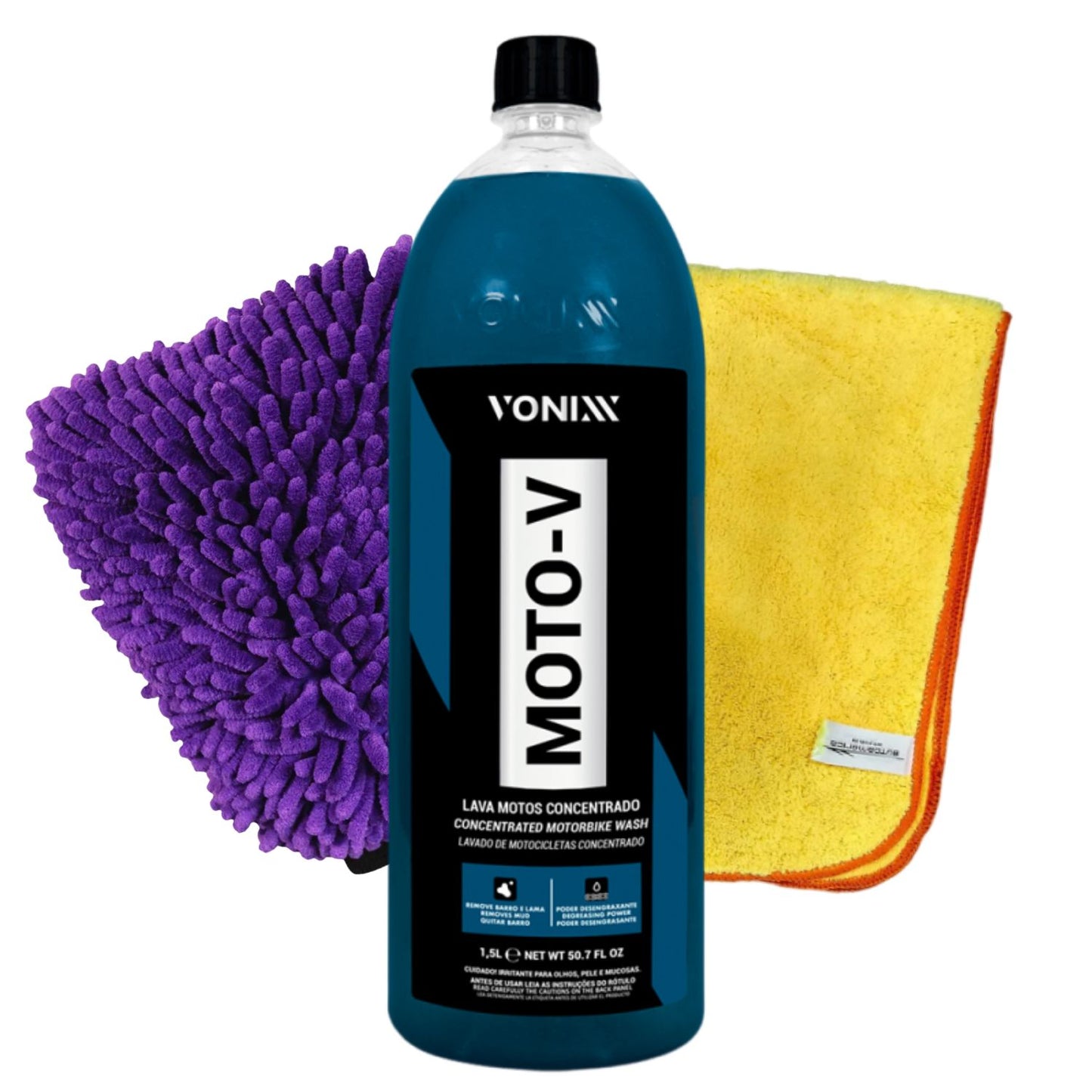 Moto-V Shampoo 1.5l Vonixx + Autoamerica Yellow Flannel + Microfiber Glove