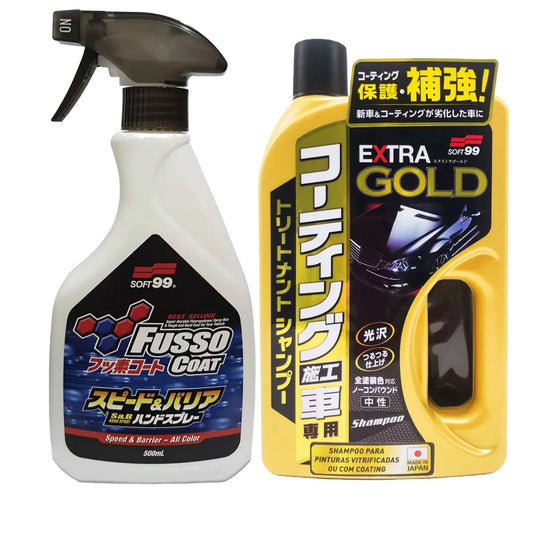 Shampoo Extra Gold + Selante em Spray Manutenção de Pintura Fusso Speed Barrier Soft99